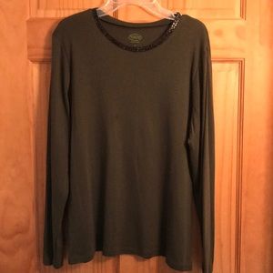 Talbots Dark Olive Petite Top with Bugle Bead Trim